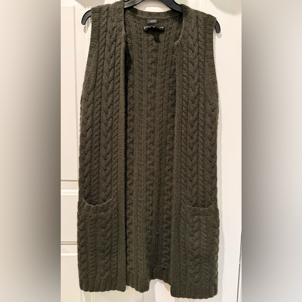 Ralph Lauren Black Label 100% Cashmere Green Cable Knit Open Vest With Pockets M